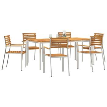 7-teiliges Garten Dining Set Massivholz Akazie, Esstisch für draußen 180x90x75 cm Massivholz Akazie, Stapelbare Gartenstühle 2 Stück Massivholz Akazie und Stahl, Stapelbare Gartenstühle 4 Stück Massivholz Akazie und Stahl