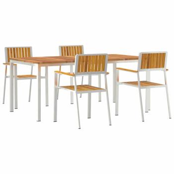 5-teiliges Garten Esstisch Set aus massivem Akazienholz, Gartentisch 180x90x75 cm aus massivem Akazienholz, Stapelbare Gartensessel 4 Stück aus massivem Akazienholz und Metall