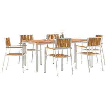 7-teiliges Garten Essset aus Massivholz Akazie, Outdoor Esstisch 180x90x75 cm aus Massivholz Akazie, Stapelbare Gartenstühle 2 Stück aus Massivholz Akazie und Metall, Stapelbare Gartenstühle 4 Stück aus Massivholz Akazie und Metall