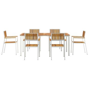 7-teiliges Garten Essset aus Massivholz Akazie, Outdoor Esstisch 180x90x75 cm aus Massivholz Akazie, Stapelbare Gartenstühle 2 Stück aus Massivholz Akazie und Metall, Stapelbare Gartenstühle 4 Stück aus Massivholz Akazie und Metall