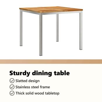 3tlg. Garten Essgruppe aus massivem Teakholz, Outdoor Esstisch 90x90x74,5 cm aus massivem Teakholz, Stapelbare Gartenstühle 2 Stück aus massivem Teakholz und Metall