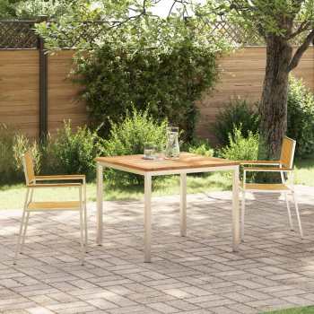 3tlg. Garten Essgruppe aus massivem Teakholz, Outdoor Esstisch 90x90x74,5 cm aus massivem Teakholz, Stapelbare Gartenstühle 2 Stück aus massivem Teakholz und Metall