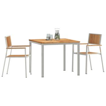 3tlg. Garten Essgruppe aus massivem Teakholz, Outdoor Esstisch 90x90x74,5 cm aus massivem Teakholz, Stapelbare Gartenstühle 2 Stück aus massivem Teakholz und Metall