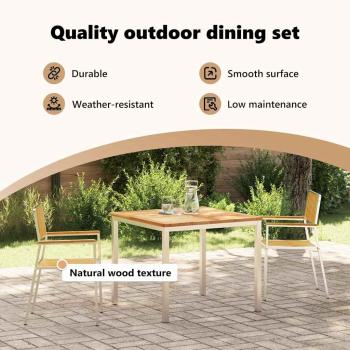 3tlg. Garten Essgruppe aus massivem Teakholz, Outdoor Esstisch 90x90x74,5 cm aus massivem Teakholz, Stapelbare Gartenstühle 2 Stück aus massivem Teakholz und Metall