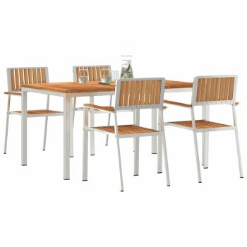 5-teiliges Garten Essset Massivholz Teak, Esstisch für draußen 150x90x75 cm Massivholz Teak, Stapelbare Gartenstühle 4 Stk. Massivholz Teak und Metall