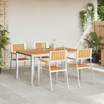 5-teiliges Garten Essset Massivholz Teak, Esstisch für draußen 150x90x75 cm Massivholz Teak, Stapelbare Gartenstühle 4 Stk. Massivholz Teak und Metall