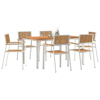 7-teiliges Garten Essset aus massivem Teakholz, Esstisch 150x90x75 cm aus massivem Teakholz, Stapelbare Gartenstühle 2 Stück aus massivem Teak und Metall, Stapelbare Gartenstühle 4 Stück aus massivem Teak und Metall