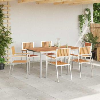 7-teiliges Garten Essset aus massivem Teakholz, Esstisch 150x90x75 cm aus massivem Teakholz, Stapelbare Gartenstühle 2 Stück aus massivem Teak und Metall, Stapelbare Gartenstühle 4 Stück aus massivem Teak und Metall