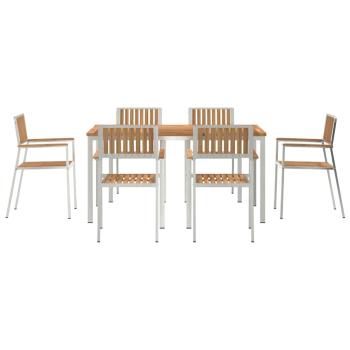 7-teiliges Garten Essset aus massivem Teakholz, Esstisch 150x90x75 cm aus massivem Teakholz, Stapelbare Gartenstühle 2 Stück aus massivem Teak und Metall, Stapelbare Gartenstühle 4 Stück aus massivem Teak und Metall