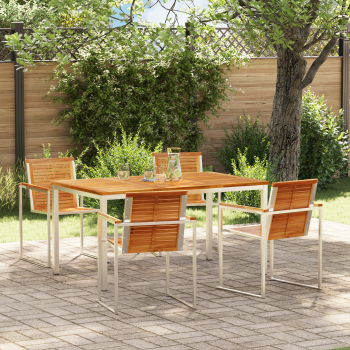 5-teiliges Garten Esszimmer Set aus massivem Teakholz, Outdoor Esszimmertisch 150x90x75 cm aus massivem Teakholz