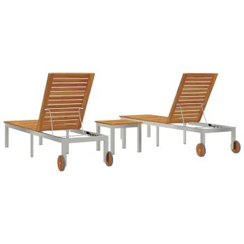 Sonnenliegen 2 Stück mit Tisch aus massivem Akazienholz, Sonnenliege mit Rädern 207x58x35 cm aus massivem Akazienholz und rostfreiem Stahl