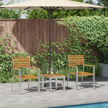 3-teiliges Garten Essset Massivholz Akazie, Stapelbare Gartenstühle 2 Stück Massivholz Akazie und Stahl