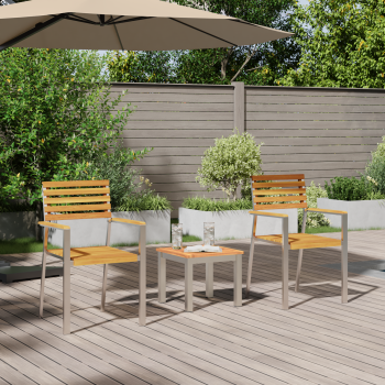 3-teiliges Garten Essset Massivholz Akazie, Stapelbare Gartenstühle 2 Stück Massivholz Akazie und Stahl