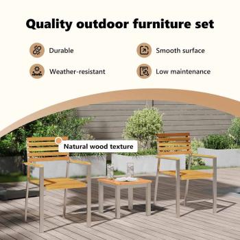 3-teiliges Garten Essset Massivholz Akazie, Stapelbare Gartenstühle 2 Stück Massivholz Akazie und Stahl