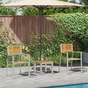 3-teiliges Garten-Esszimmer-Set aus massivem Teakholz, stapelbare Gartenstühle 2 Stück aus massivem Teakholz und Metall