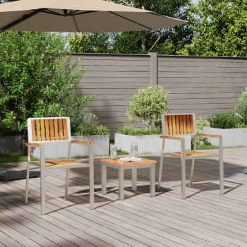 3-teiliges Garten-Esszimmer-Set aus massivem Teakholz, stapelbare Gartenstühle 2 Stück aus massivem Teakholz und Metall