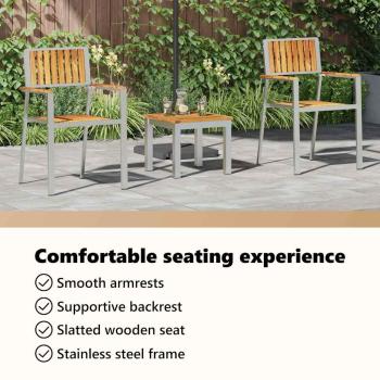 3-teiliges Garten-Esszimmer-Set aus massivem Teakholz, stapelbare Gartenstühle 2 Stück aus massivem Teakholz und Metall
