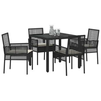 5-teiliges Garten-Dining-Set mit Kissen Schwarz Poly Rattan