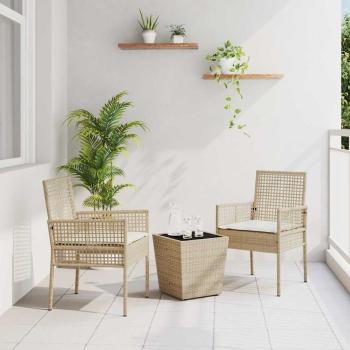 ARDEBO.de - 3-tlg. Garten-Bistroset mit Kissen Beige Poly Rattan