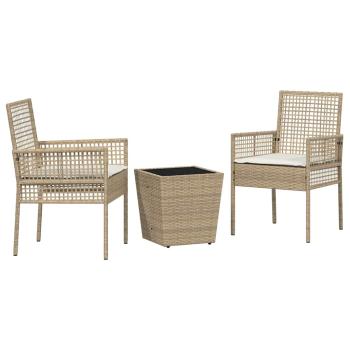 3-tlg. Garten-Bistroset mit Kissen Beige Poly Rattan