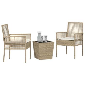 3-tlg. Garten-Bistroset mit Kissen Beige Poly Rattan