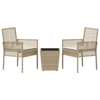 3-tlg. Garten-Bistroset mit Kissen Beige Poly Rattan