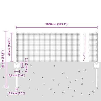 geschweißter Drahtzaun mit 5 U-Stützen Grau 0.4x10 m Stahl