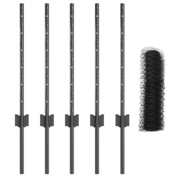 Zaunpfosten 5 Stk U-Kanal Grau 60 cm Stahl, Sechseckzaun Grau 0,5 x 10 m Stahl