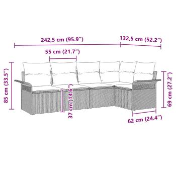 5-teiliges Garten-Sofa-Set mit Kissen Beige Poly Rattan