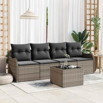 ARDEBO.de - 5-teiliges Garten Sofa Set mit Kissen Grau Poly Rattan, 2-Sitzer Garten Sofa mit Kissen Grau Poly Rattan