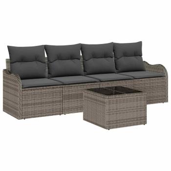 5-teiliges Garten Sofa Set mit Kissen Grau Poly Rattan, 2-Sitzer Garten Sofa mit Kissen Grau Poly Rattan