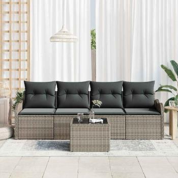 5-teiliges Garten Sofa Set mit Kissen Grau Poly Rattan, 2-Sitzer Garten Sofa mit Kissen Grau Poly Rattan