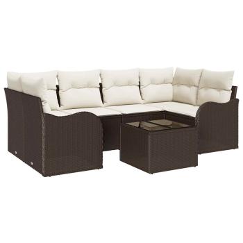 7-teiliges Garten Sofa Set mit Kissen Braun Poly Rattan, 2-Sitzer Garten Sofa mit Kissen Braun Poly Rattan