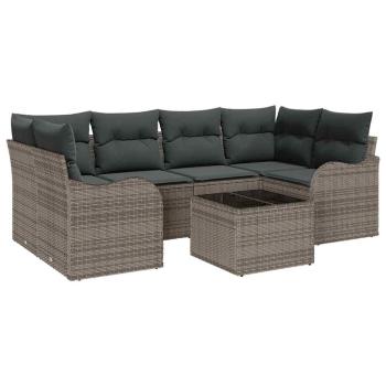 7-teiliges Garten-Sofa-Set mit Kissen Grau Poly Rattan, 2-Sitzer Garten-Sofa mit Kissen Grau Poly Rattan