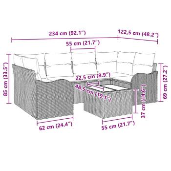 7-teiliges Garten-Sofa-Set mit Kissen Grau Poly Rattan, 2-Sitzer Garten-Sofa mit Kissen Grau Poly Rattan