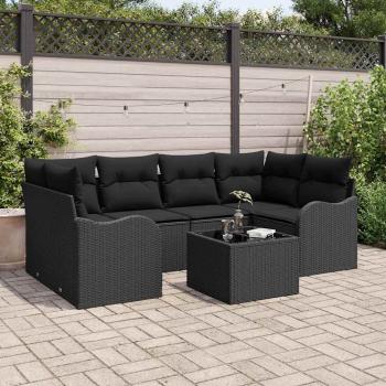 ARDEBO.de - 7-teiliges Garten-Sofa-Set mit Kissen Schwarzes Poly-Rattan, 2-Sitzer Garten-Sofa mit Kissen Schwarzes Poly-Rattan