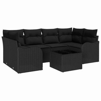 7-teiliges Garten-Sofa-Set mit Kissen Schwarzes Poly-Rattan, 2-Sitzer Garten-Sofa mit Kissen Schwarzes Poly-Rattan