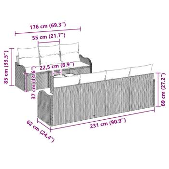 8-teiliges Garten-Sofa Set mit Kissen Schwarz Poly Rattan, 2-Sitzer Garten-Sofa mit Kissen Schwarz Poly Rattan