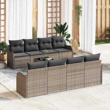 ARDEBO.de - 9 Piece Garten Sofa Set mit Kissen Grau Poly Rattan, 2-Sitzer Garten Sofa mit Kissen Grau Poly Rattan