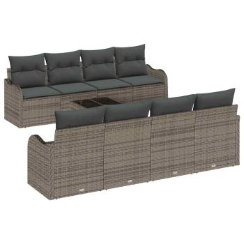 9 Piece Garten Sofa Set mit Kissen Grau Poly Rattan, 2-Sitzer Garten Sofa mit Kissen Grau Poly Rattan