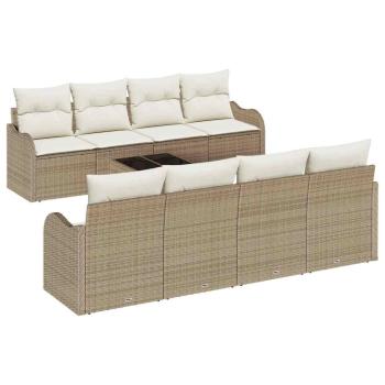 9-teiliges Garten-Sofa-Set mit Kissen Beige Poly Rattan, 2-Sitzer Garten-Sofa mit Kissen Beige Poly Rattan