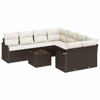 9-teiliges Garten-Sofa-Set mit Kissen Braunes Poly Rattan, 2-Sitzer Garten-Sofa mit Kissen Braunes Poly Rattan