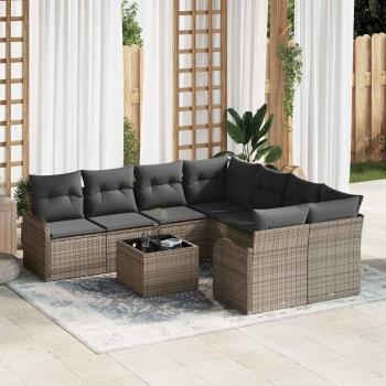 ARDEBO.de - 9-teiliges Garten Sofaset mit Kissen Grau Poly Rattan, 2-Sitzer Garten Sofa mit Kissen Grau Poly Rattan