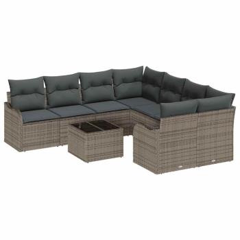 9-teiliges Garten Sofaset mit Kissen Grau Poly Rattan, 2-Sitzer Garten Sofa mit Kissen Grau Poly Rattan