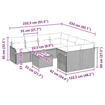9-teiliges Garten Sofaset mit Kissen Grau Poly Rattan, 2-Sitzer Garten Sofa mit Kissen Grau Poly Rattan