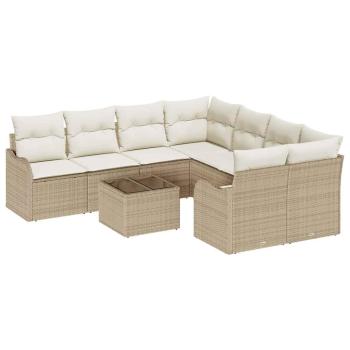 9-teilige Garten-Sofa-Garnitur mit Kissen Beige Poly Rattan, 2-Sitzer Garten-Sofa mit Kissen Beige Poly Rattan
