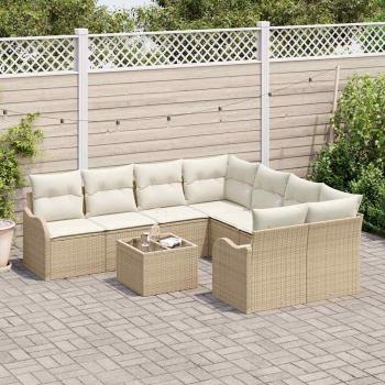 9-teilige Garten-Sofa-Garnitur mit Kissen Beige Poly Rattan, 2-Sitzer Garten-Sofa mit Kissen Beige Poly Rattan