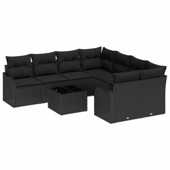 ARDEBO.de - 9-teiliges Garten Sofa Set mit Kissen Schwarz Poly Rattan, 2-Sitzer Garten Sofa mit Kissen Schwarz Poly Rattan