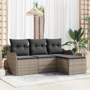 ARDEBO.de - 4-teiliges Garten Sofa Set mit Kissen Grau Poly Rattan, 2-Sitzer Garten Sofa mit Kissen Grau Poly Rattan