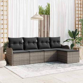 ARDEBO.de - 5-teiliges Garten Sofa Set mit Kissen Grau Poly Rattan, 2-Sitzer Garten Sofa mit Kissen Grau Poly Rattan